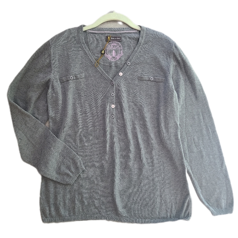 FIOR DA LISO Gray Equestrian V-neck Button Henley Long Sleeve COTTON Sweater XL